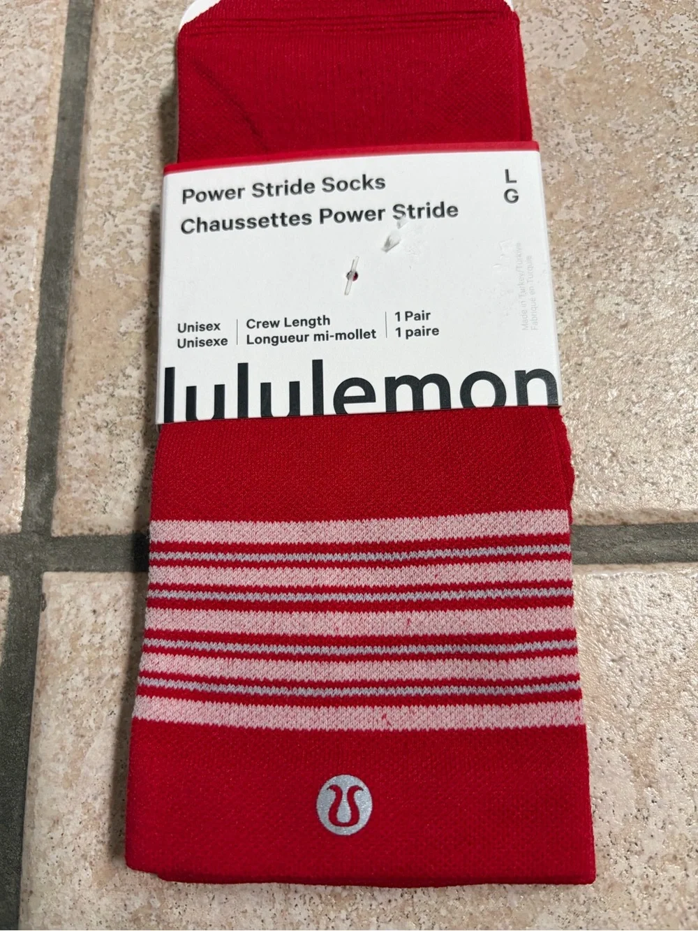 NWT Lululemon Power Stride Socks *Crew Length (Oxford Red Stripe) Size L
